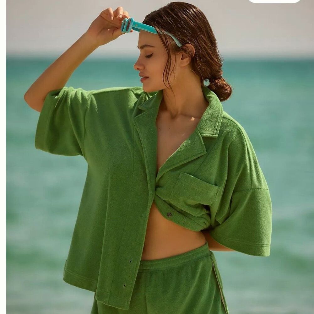 Anthropologie Oversized Short Sleeve Terry Cloth Button Down Shirt Sz S Green